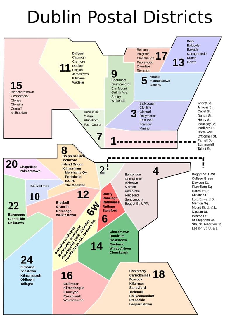 mapa de Dublín códigos postais adheridos