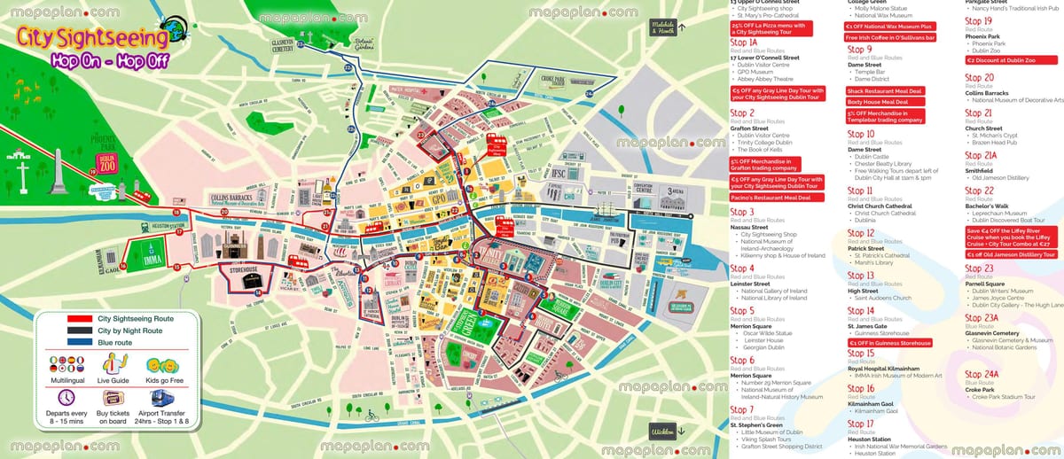 Dublín Hop on hop off ruta de autobús mapa