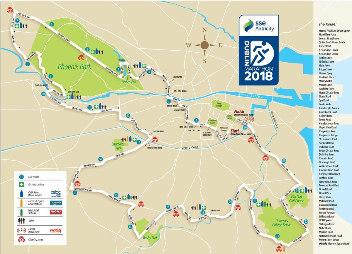Cidade de dublín maratón mapa da ruta